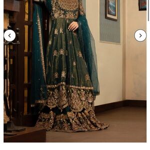 Luxurious Teal and Gold Embroidered Long Sleeve Dress Pakistani (small size )